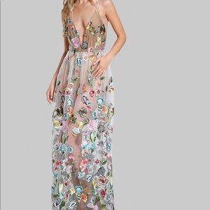 Double Strap Embroidered Mesh Bodysuit Dress